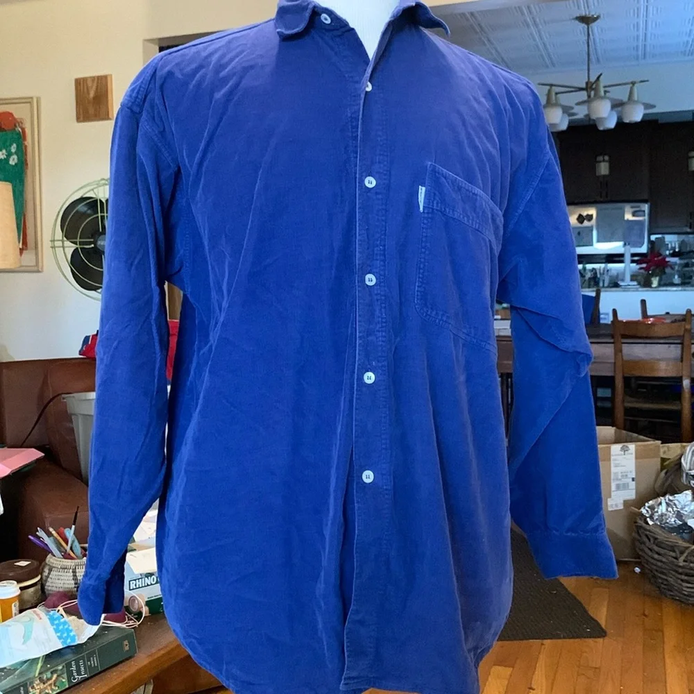 NAF NAF PARIS FRANCE FRENCH INDIGO COBALT BLUE CORDUROY SHIRT - Picture 1 of 13